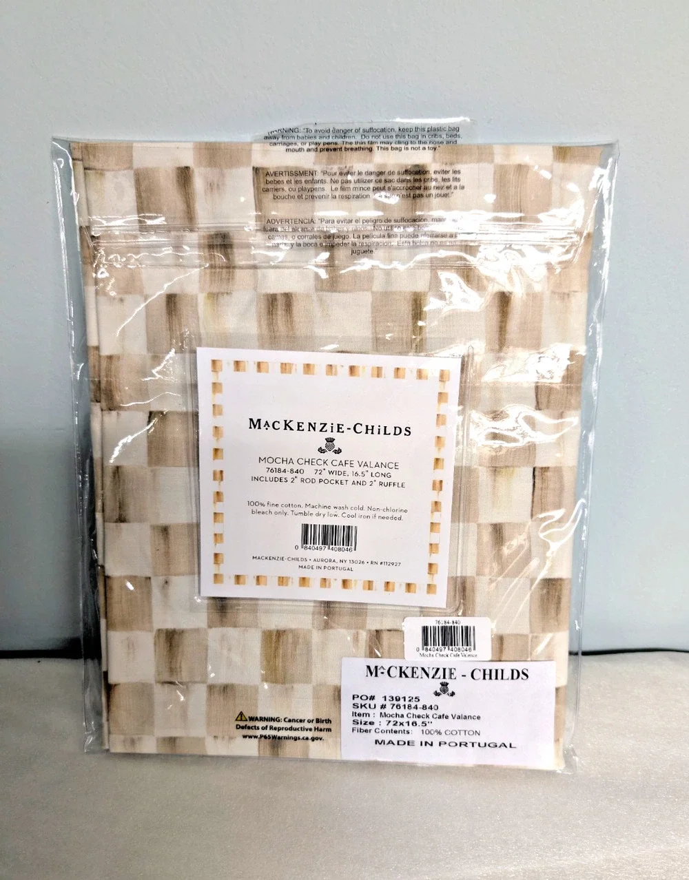 MacKenzie Childs Mocha Check Cafe Valance 72 x 16.5 inches